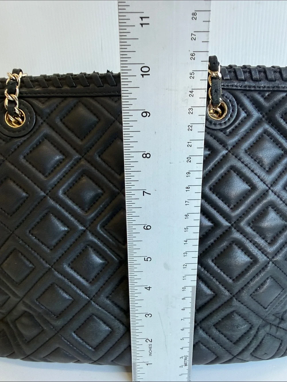 Tory Burch Black Quilted Leather Marion Tote Gold Hardware Bag Purse Luxury
